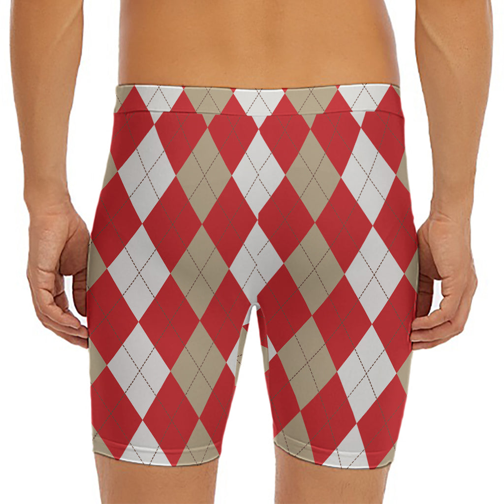 Beige Red And White Argyle Pattern Print Men's Long Boxer Briefs