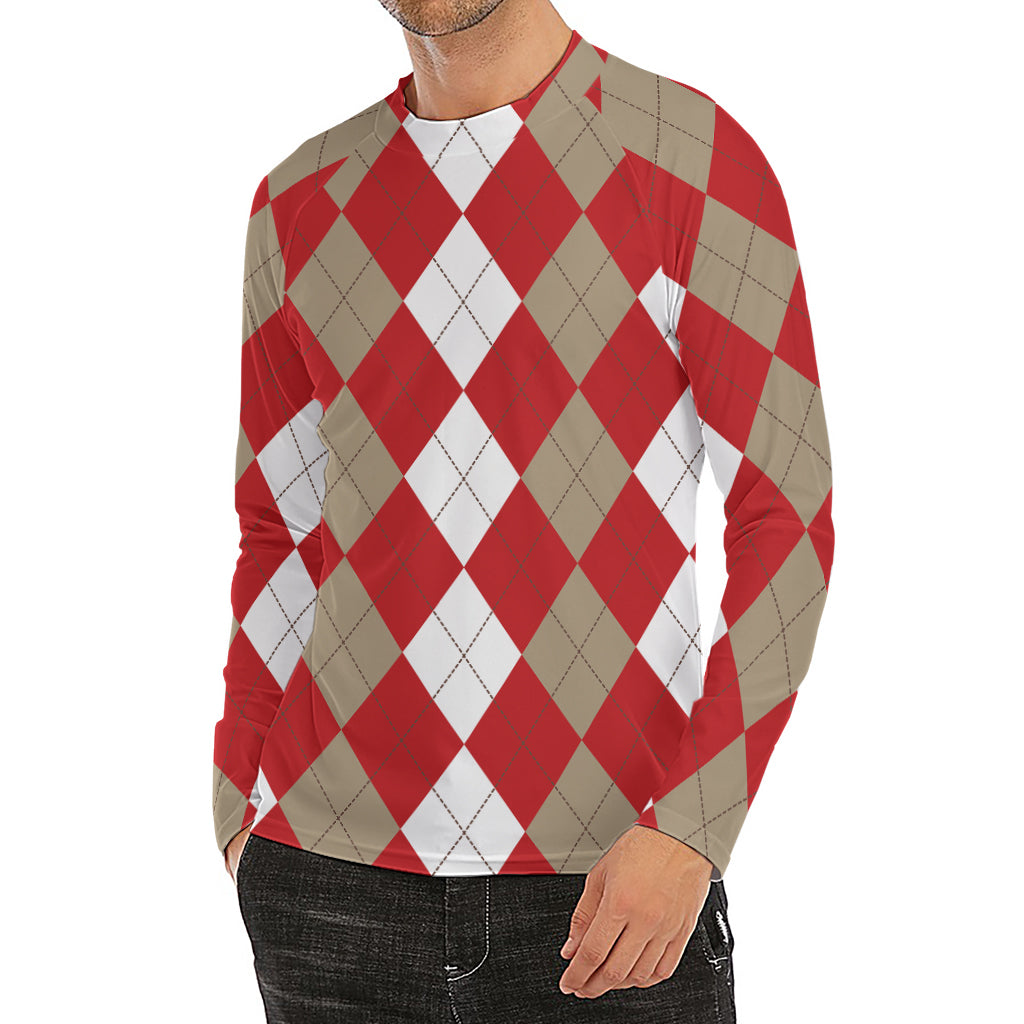 Beige Red And White Argyle Pattern Print Men's Long Sleeve Rash Guard