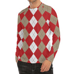 Beige Red And White Argyle Pattern Print Men's Long Sleeve Rash Guard