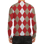 Beige Red And White Argyle Pattern Print Men's Long Sleeve Rash Guard