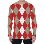 Beige Red And White Argyle Pattern Print Men's Long Sleeve T-Shirt