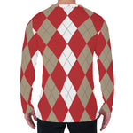 Beige Red And White Argyle Pattern Print Men's Long Sleeve T-Shirt