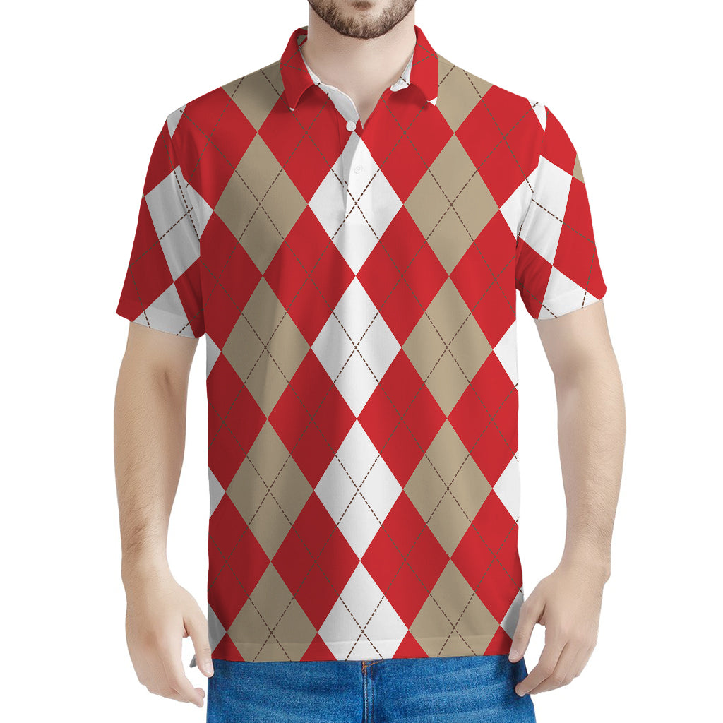 Beige Red And White Argyle Pattern Print Men's Polo Shirt