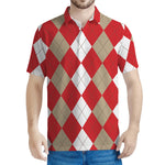 Beige Red And White Argyle Pattern Print Men's Polo Shirt