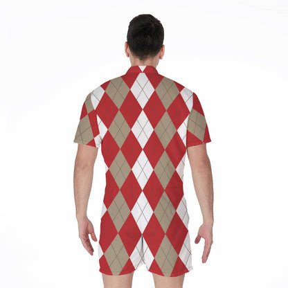 Beige Red And White Argyle Pattern Print Men's Rompers