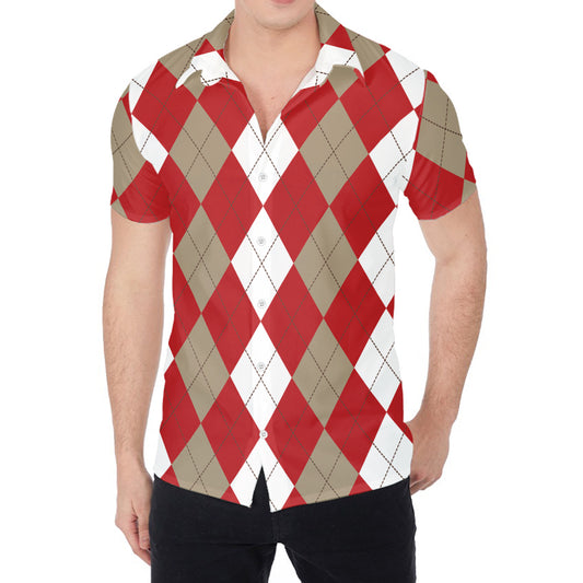 Beige Red And White Argyle Pattern Print Men's Shirt