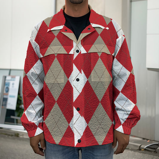 Beige Red And White Argyle Pattern Print Men's Shirt Jacket