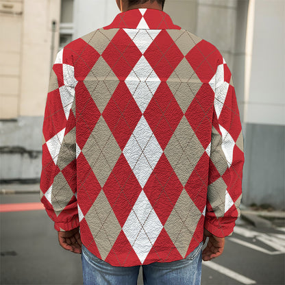 Beige Red And White Argyle Pattern Print Men's Shirt Jacket