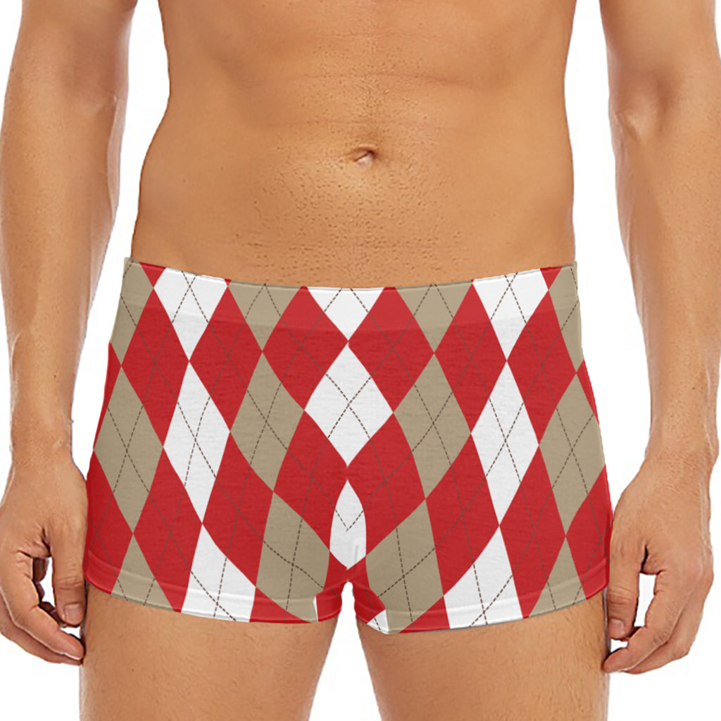 Beige Red And White Argyle Pattern Print Men's Short Boxer Briefs