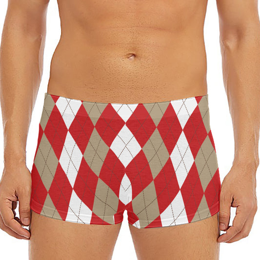 Beige Red And White Argyle Pattern Print Men's Short Boxer Briefs