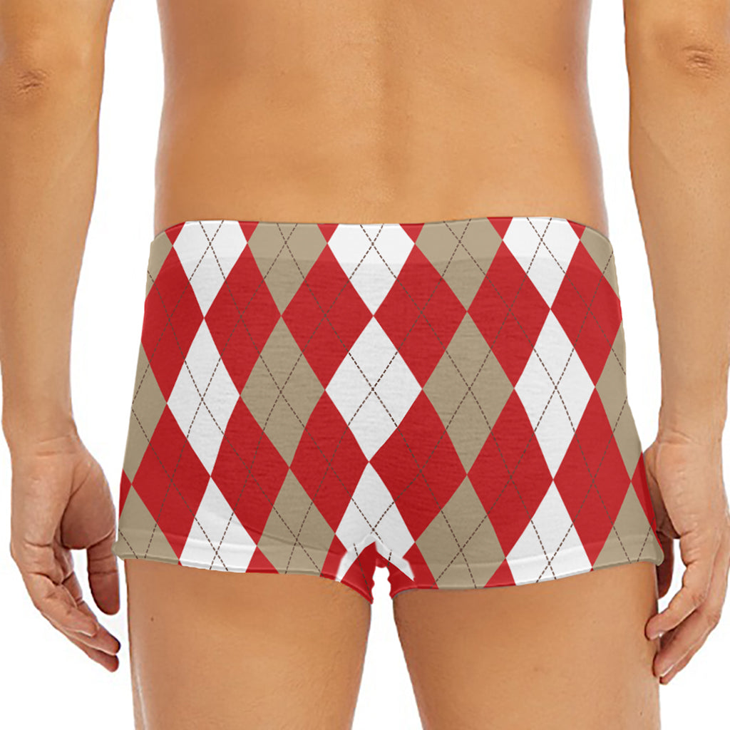 Beige Red And White Argyle Pattern Print Men's Short Boxer Briefs