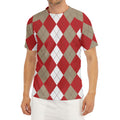 Beige Red And White Argyle Pattern Print Men's Short Sleeve Rash Guard