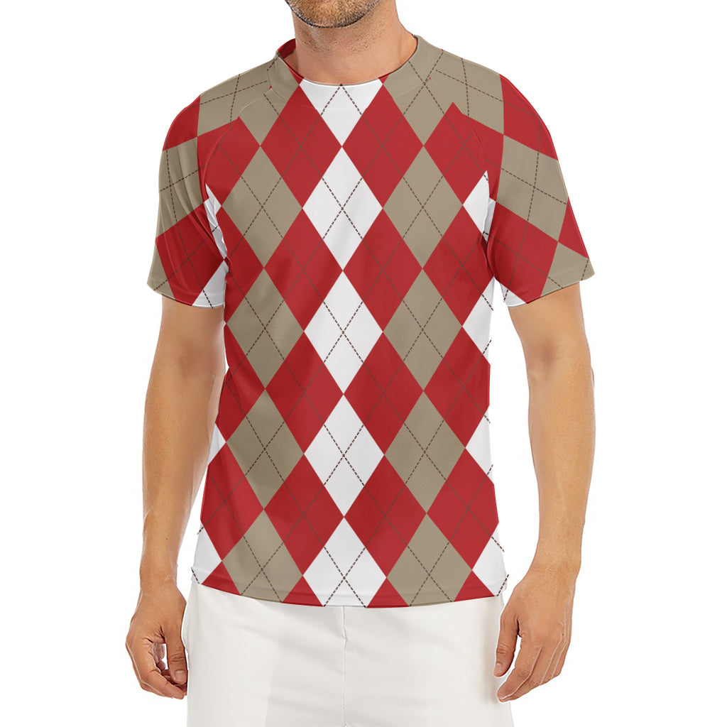 Beige Red And White Argyle Pattern Print Men's Short Sleeve Rash Guard