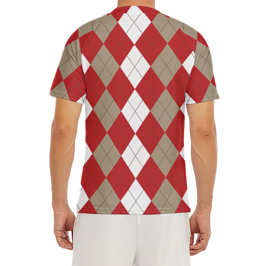 Beige Red And White Argyle Pattern Print Men's Short Sleeve Rash Guard
