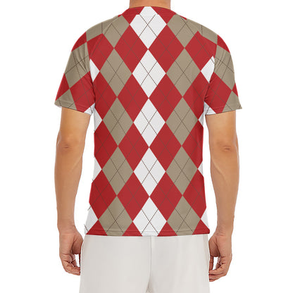 Beige Red And White Argyle Pattern Print Men's Short Sleeve Rash Guard