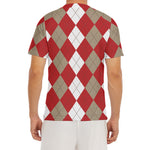 Beige Red And White Argyle Pattern Print Men's Short Sleeve Rash Guard