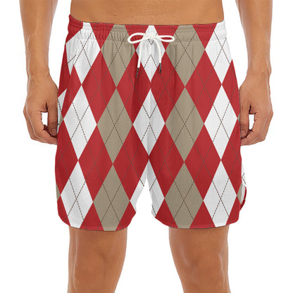 Beige Red And White Argyle Pattern Print Men's Split Running Shorts