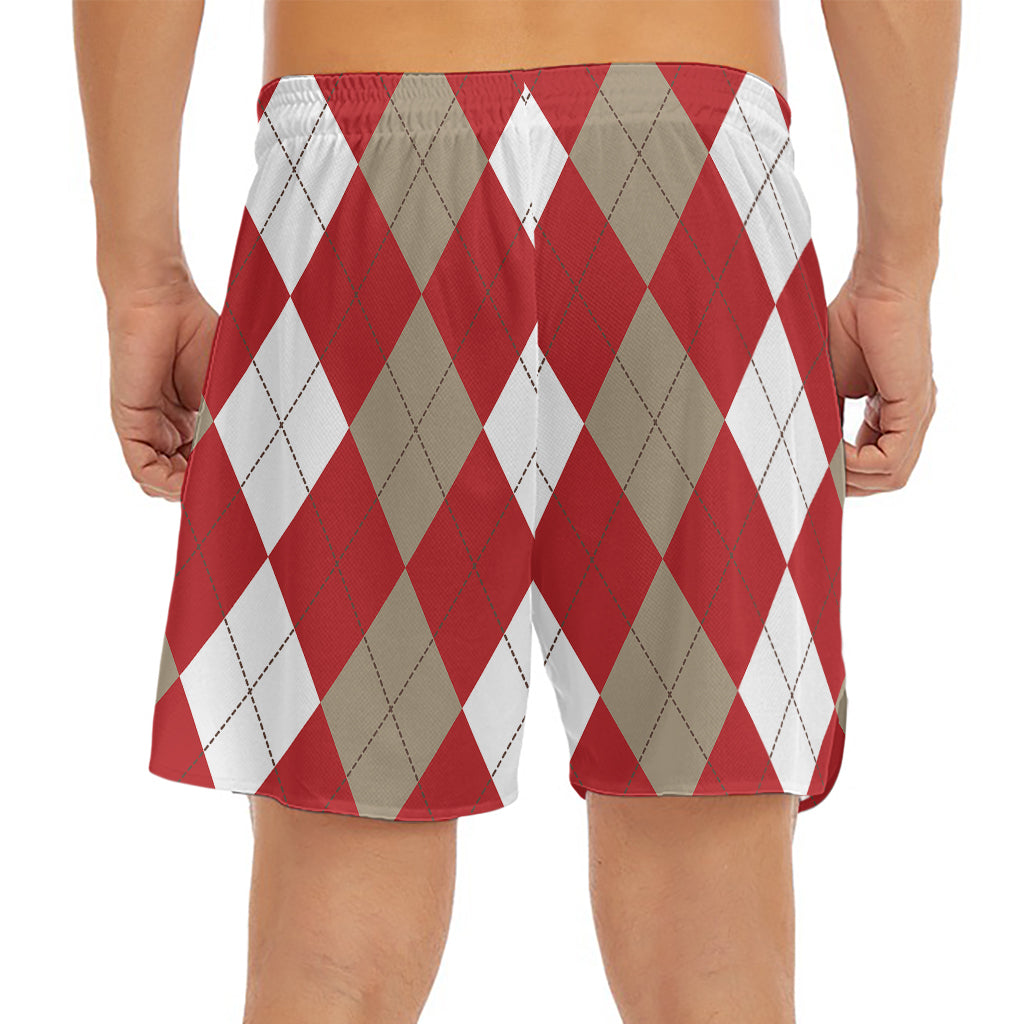Beige Red And White Argyle Pattern Print Men's Split Running Shorts