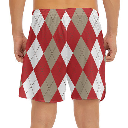 Beige Red And White Argyle Pattern Print Men's Split Running Shorts