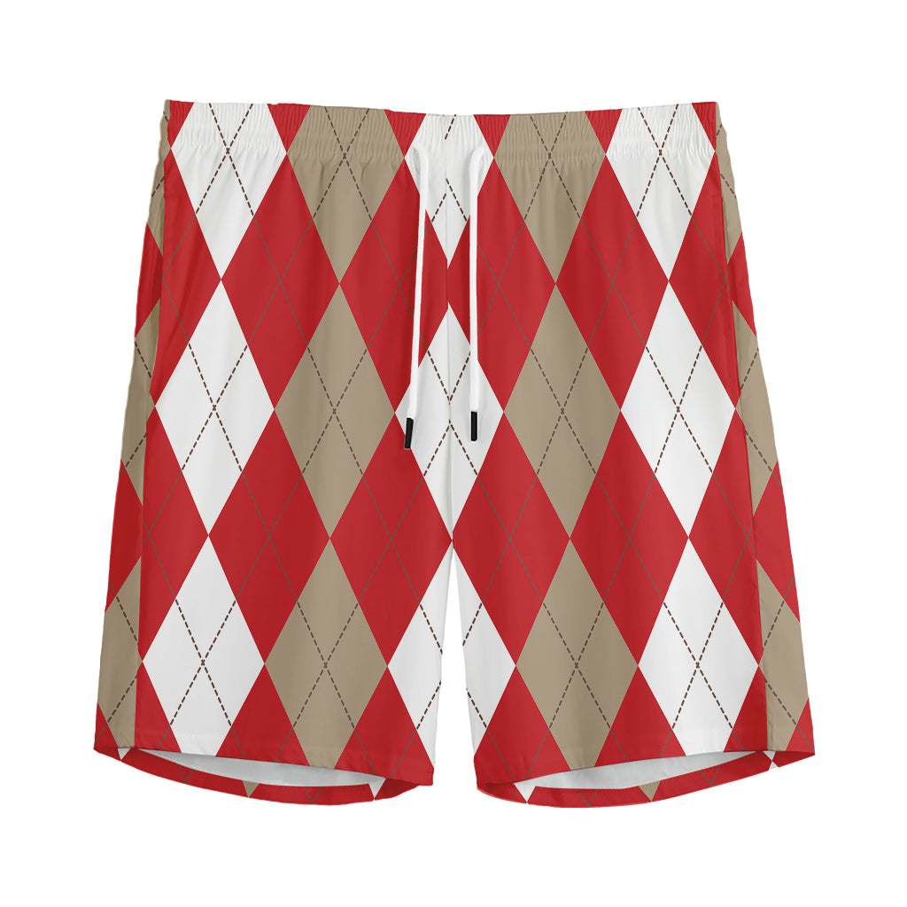 Beige Red And White Argyle Pattern Print Men's Sports Shorts
