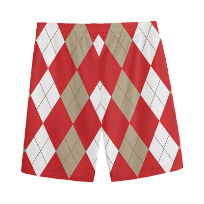 Beige Red And White Argyle Pattern Print Men's Sports Shorts