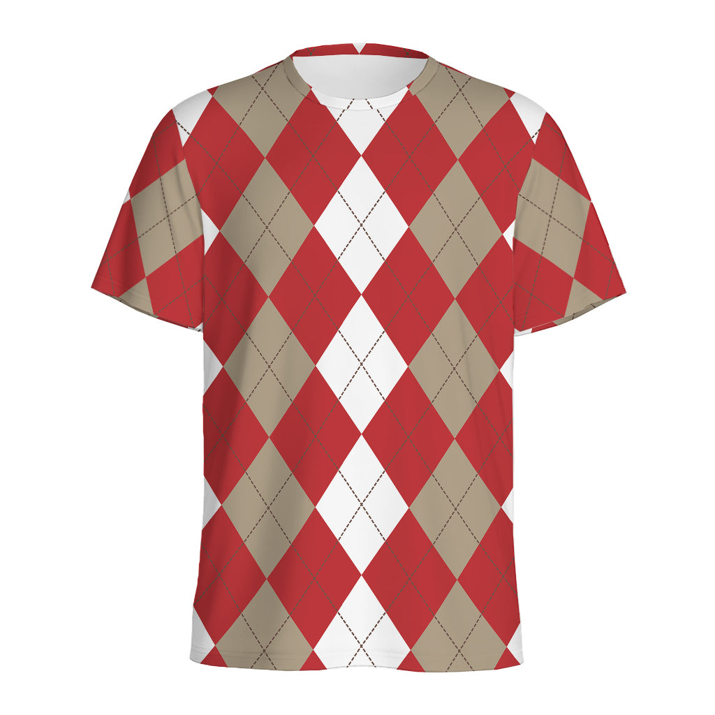 Beige Red And White Argyle Pattern Print Men's Sports T-Shirt