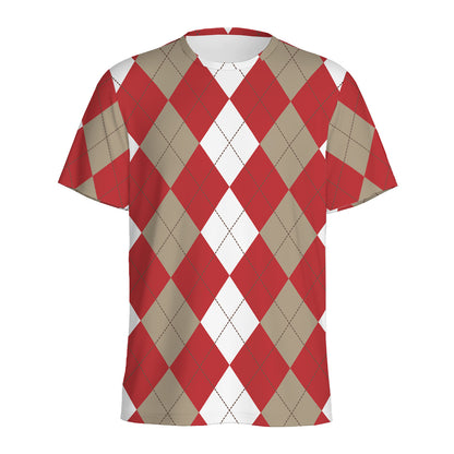 Beige Red And White Argyle Pattern Print Men's Sports T-Shirt