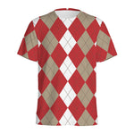 Beige Red And White Argyle Pattern Print Men's Sports T-Shirt