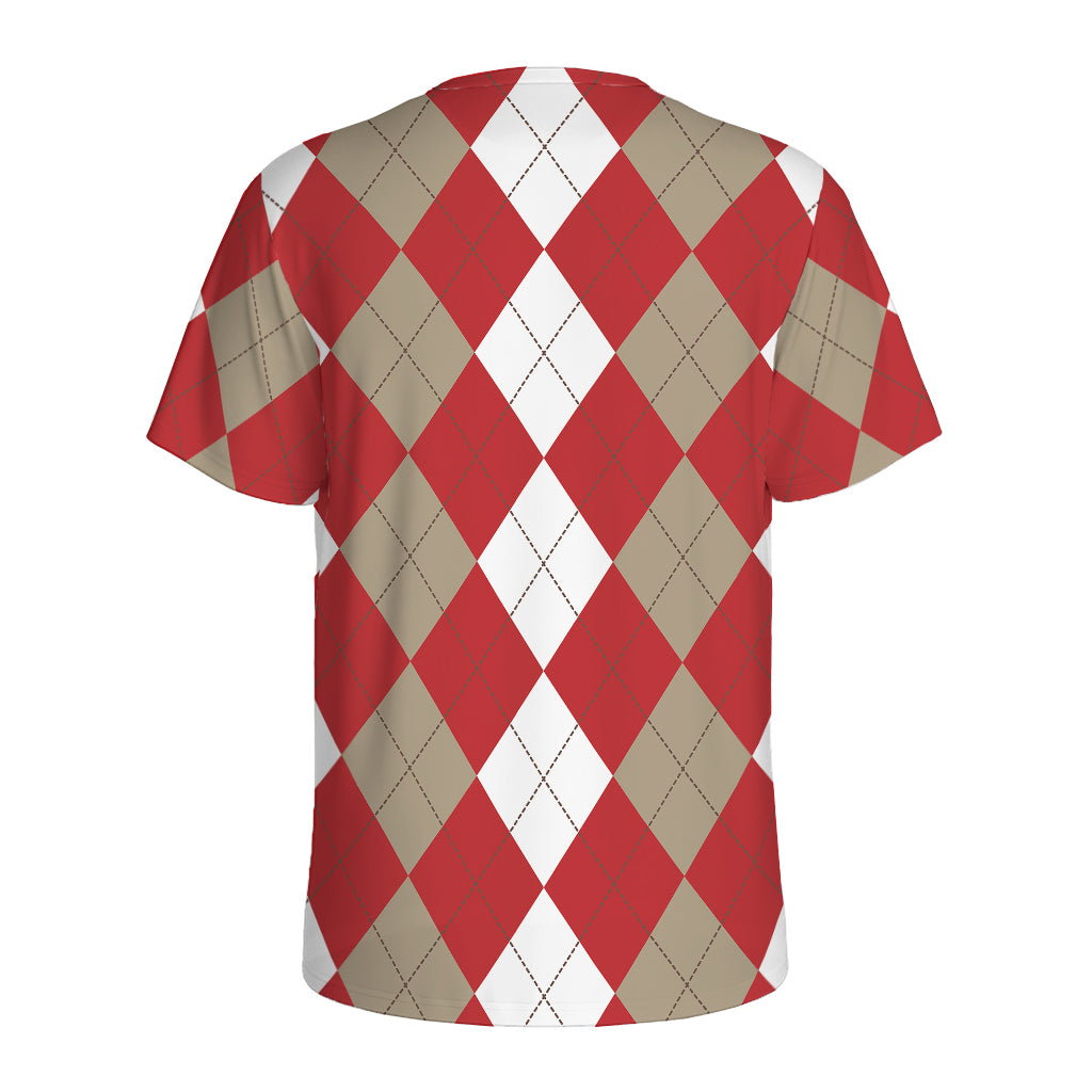 Beige Red And White Argyle Pattern Print Men's Sports T-Shirt