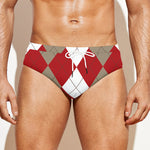 Beige Red And White Argyle Pattern Print Men's Swim Briefs
