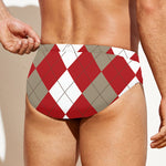 Beige Red And White Argyle Pattern Print Men's Swim Briefs