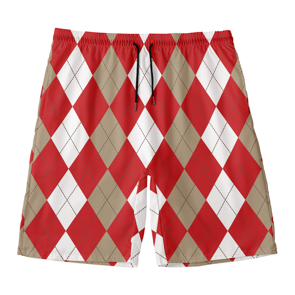 Beige Red And White Argyle Pattern Print Men's Swim Trunks