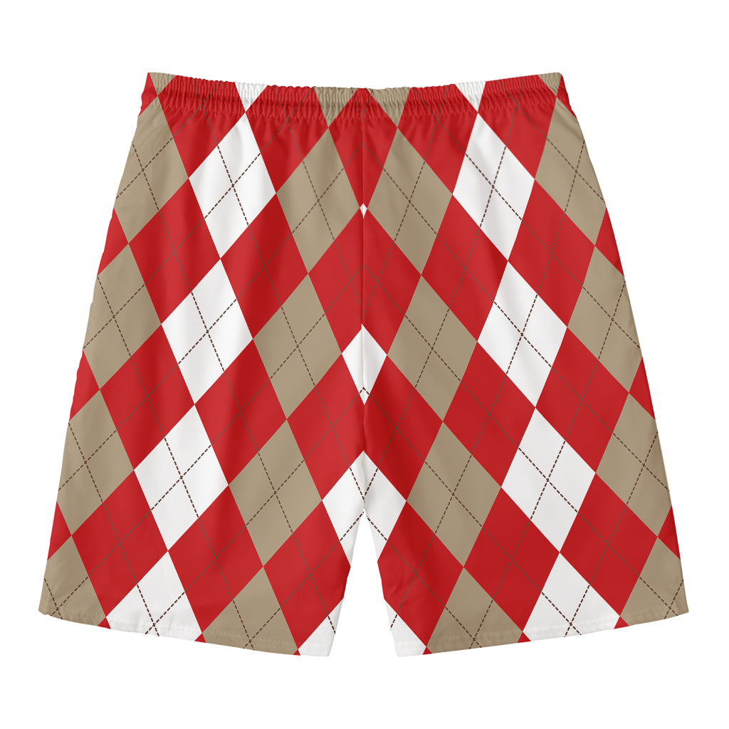 Beige Red And White Argyle Pattern Print Men's Swim Trunks