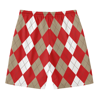 Beige Red And White Argyle Pattern Print Men's Swim Trunks