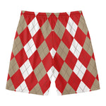 Beige Red And White Argyle Pattern Print Men's Swim Trunks
