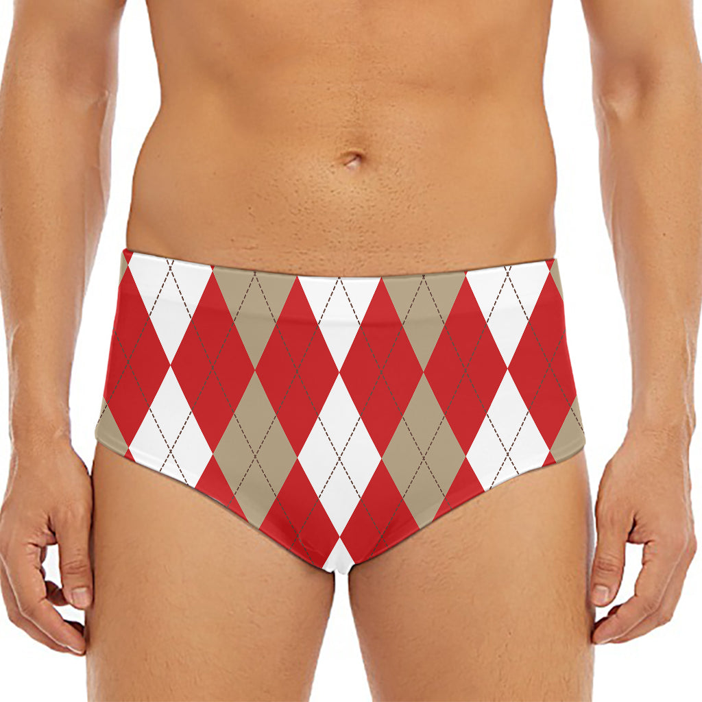 Beige Red And White Argyle Pattern Print Men's Triangle Swim Briefs