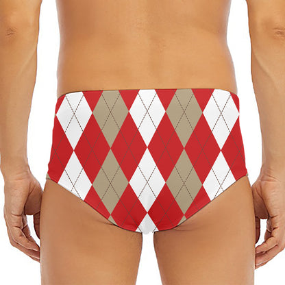 Beige Red And White Argyle Pattern Print Men's Triangle Swim Briefs