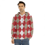 Beige Red And White Argyle Pattern Print Men's Velvet Pullover Hoodie