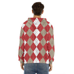 Beige Red And White Argyle Pattern Print Men's Velvet Pullover Hoodie