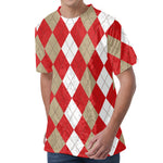 Beige Red And White Argyle Pattern Print Men's Velvet T-Shirt
