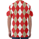 Beige Red And White Argyle Pattern Print Men's Velvet T-Shirt