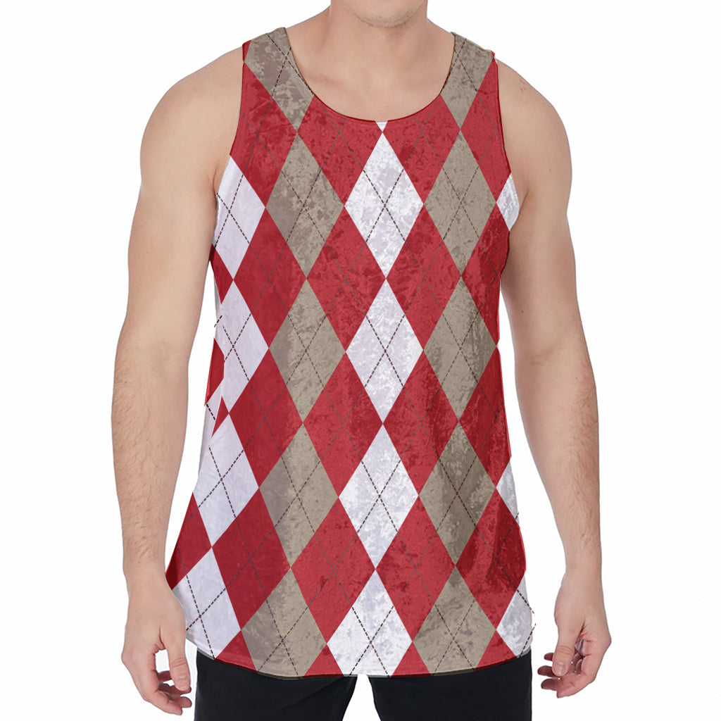 Beige Red And White Argyle Pattern Print Men's Velvet Tank Top