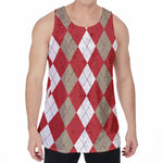 Beige Red And White Argyle Pattern Print Men's Velvet Tank Top