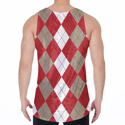 Beige Red And White Argyle Pattern Print Men's Velvet Tank Top