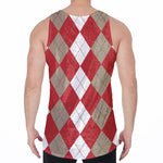 Beige Red And White Argyle Pattern Print Men's Velvet Tank Top