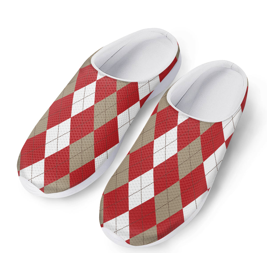 Beige Red And White Argyle Pattern Print Mesh Casual Shoes