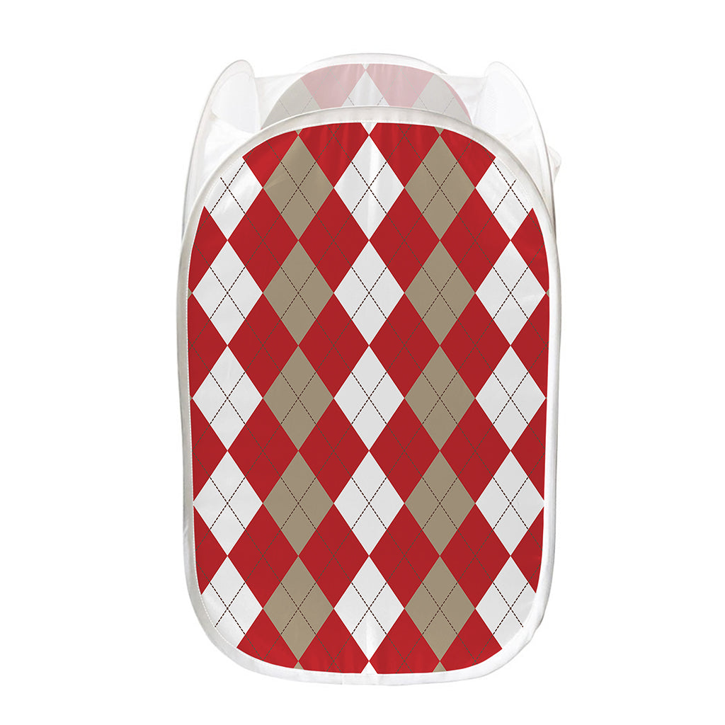 Beige Red And White Argyle Pattern Print Mesh Laundry Hamper