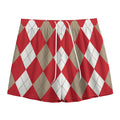 Beige Red And White Argyle Pattern Print Mesh Shorts