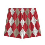 Beige Red And White Argyle Pattern Print Mesh Shorts