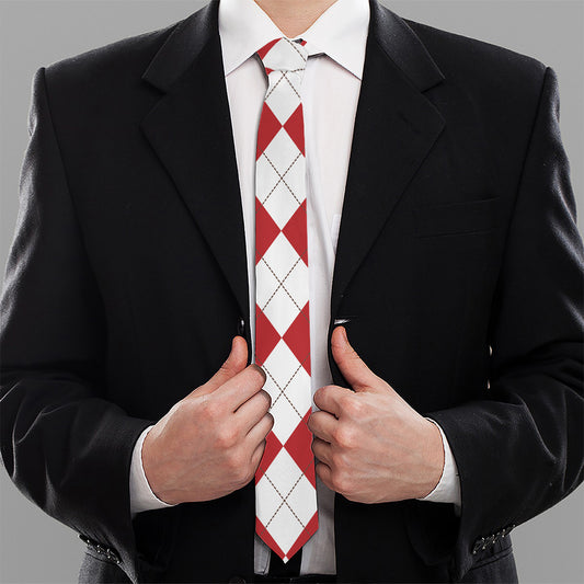 Beige Red And White Argyle Pattern Print Necktie